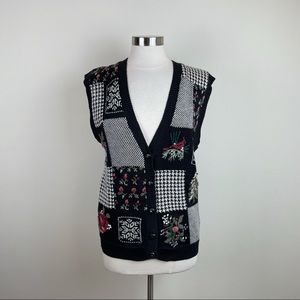 Vintage Susan Bristol Rose Floral Red Black White Knit Vest Women Small 1994